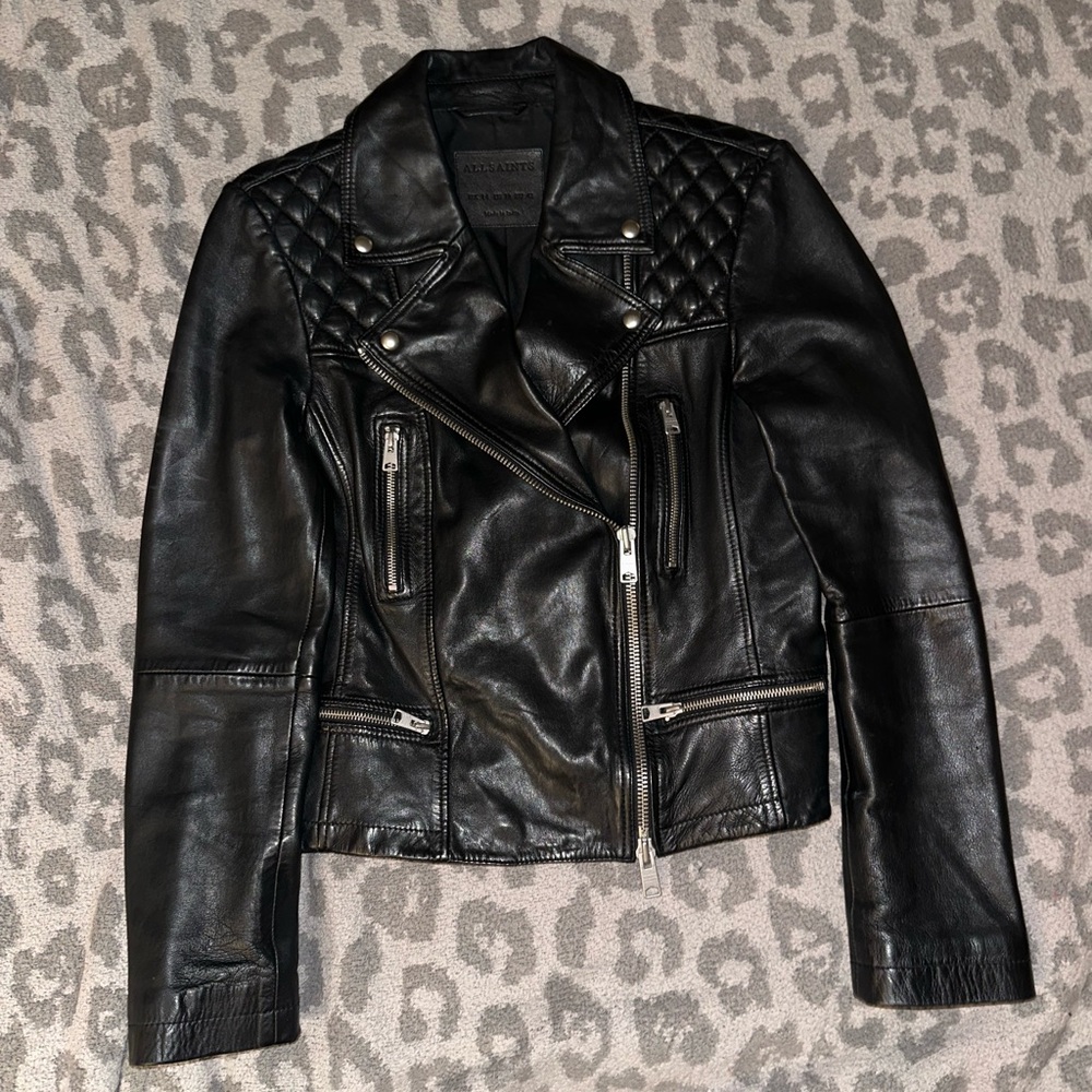 AllSaints Quilted Leather Black Biker Jacket sz 10 US women